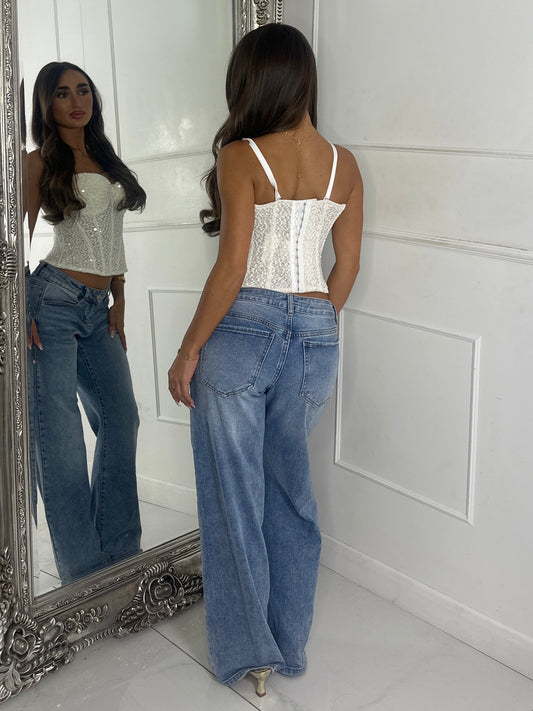 Structured Velvet Sequin Corset - White