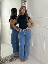 High Waist Pocket Front Jewelled Button Jeans - Denim Blue