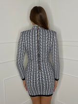 Maze Print High Neck Shoulder Pad Dress - Black/White