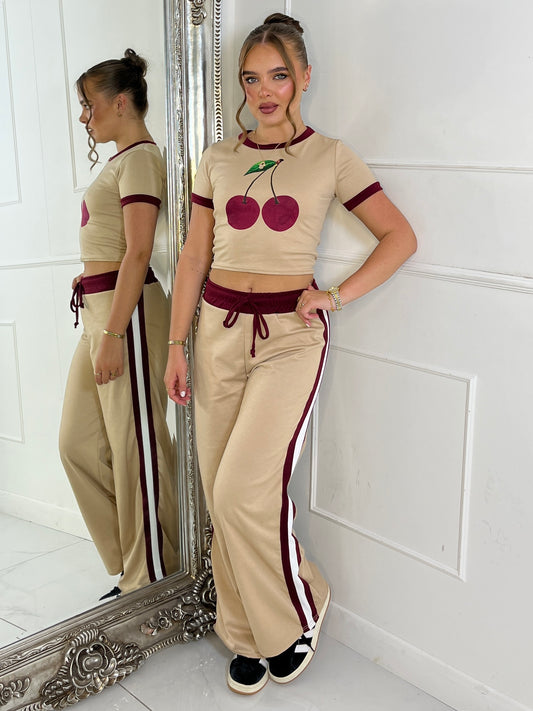 Cherry Tee & Side Stripe Trousers Co-Ord - Beige