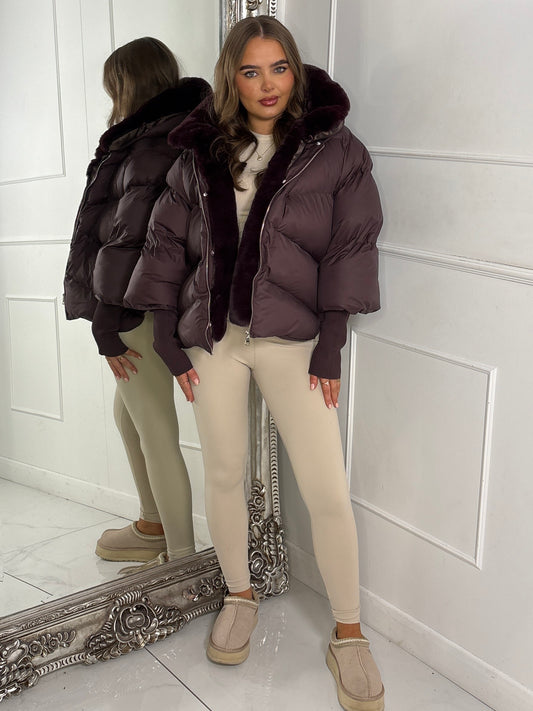 Hooded Puffer Coat With Faux Fur Trim - Brown