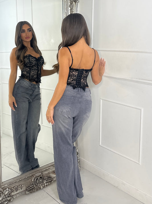 Lace Button Detail Corset Style Bra Top - Black/Beige