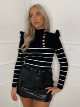 Gold Button Striped Frill Jumper - Black