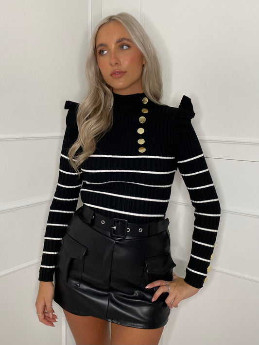 Gold Button Striped Frill Jumper - Black