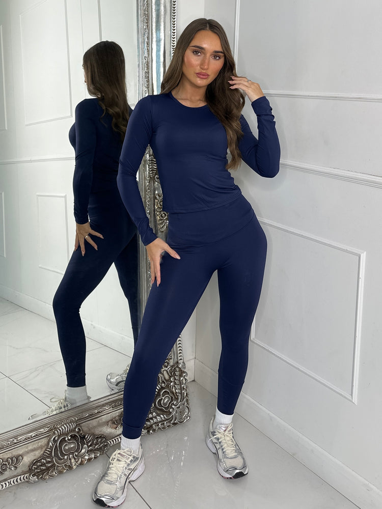 Long Sleeve Gym Top & Sculpt Leggings Set - Navy