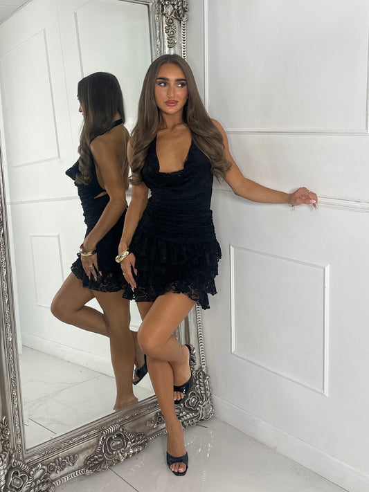 Valentina Lace Halter Mini Dress - Black