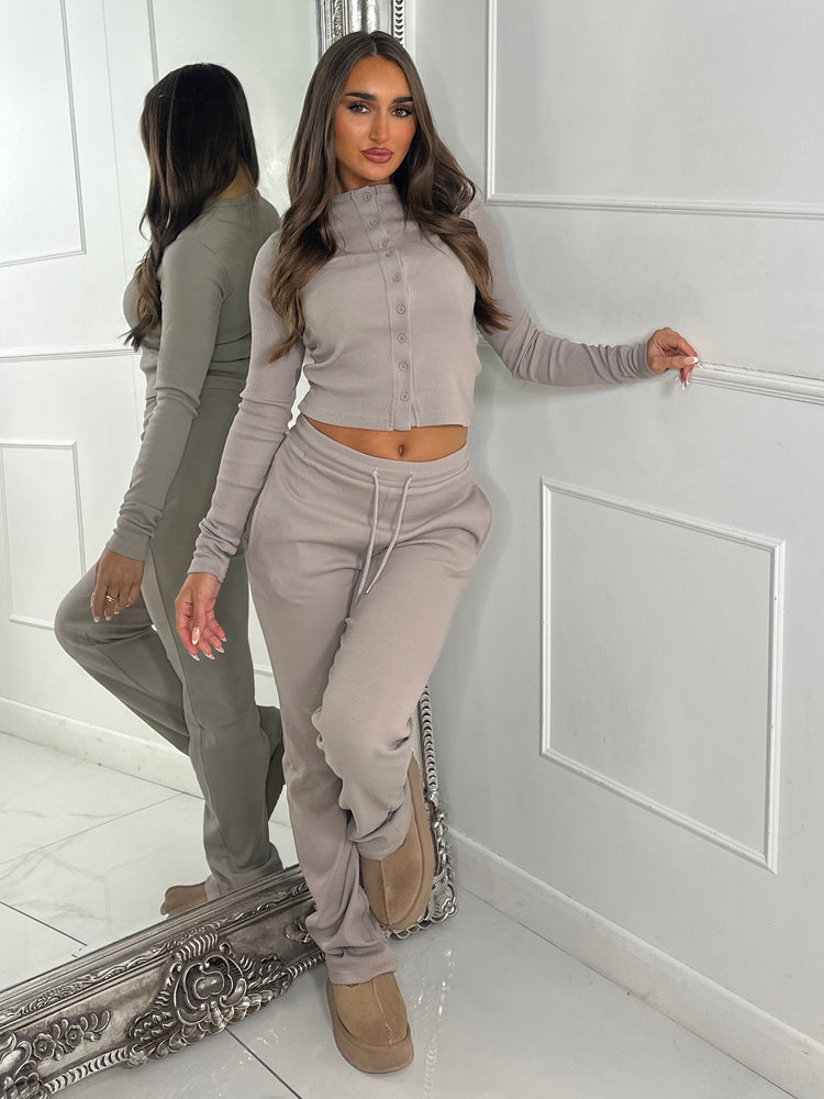 Ribbed Long Sleeve Button Up Top & Pants Co-Ord - Dove Grey