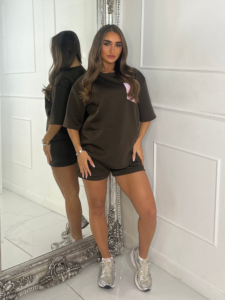 Pink Diamante Pocket Detail T-Shirt & Shorts Co-Ord - Brown