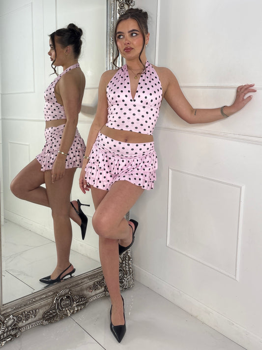Polka Dot Halter Neck Top & Double Frill Skirt - Pink