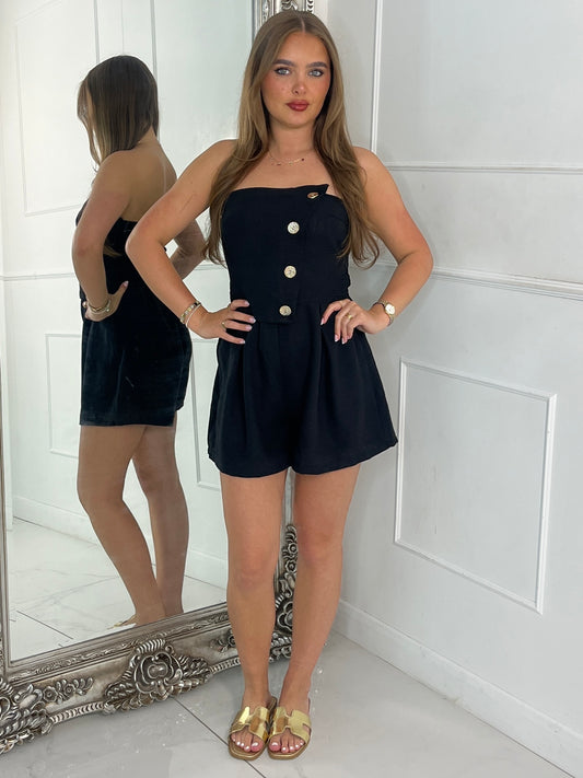 Fold Over Gold Button Playsuit - Black