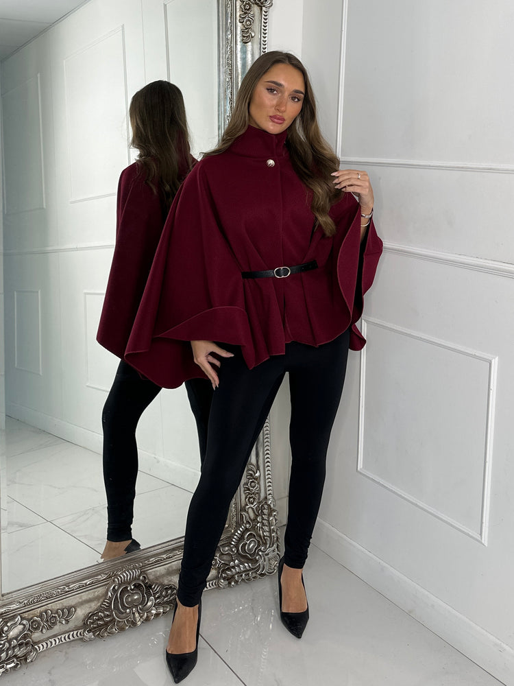 Belted Cape Jacket - Wine