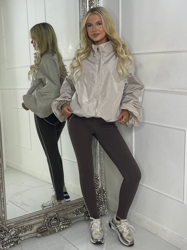 Zip up Puff sleeve oversized windbreaker - Stone