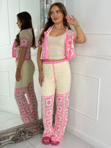 Patterned Crochet Skirt & Flared Pants Co ord - Beige / Pink