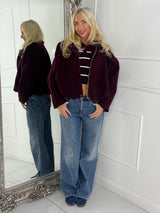 Collared Oversized Bomber Jacket - Wine