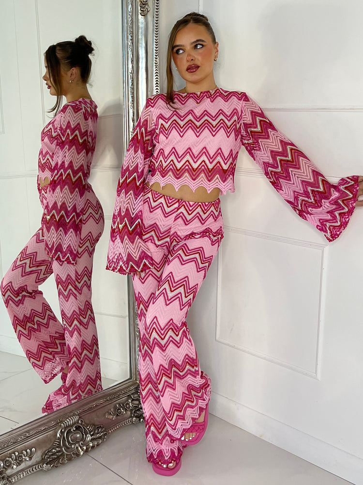 Knitted Crochet Flared Sleeve Top & Flared Pants Co-ord - White/Pink