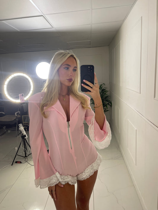 Lace Trim Detail Long Sleeve Zip Detail Playsuit - Baby Pink