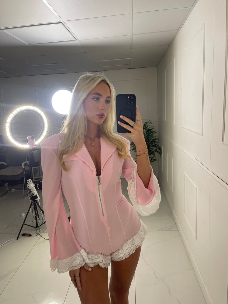 Lace Trim Detail Long Sleeve Zip Detail Playsuit - Baby Pink