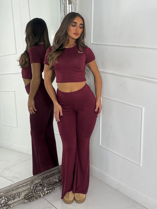 Heart Detail Crop Top & Wide Leg Pants Set - Wine