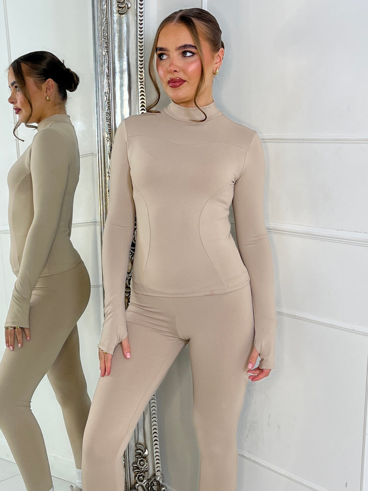 Long Sleeve Second Skin Panel Detail Yoga Top - Mocha