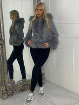 Short Belted Faux Fur & Pu Contrast Jacket - Grey