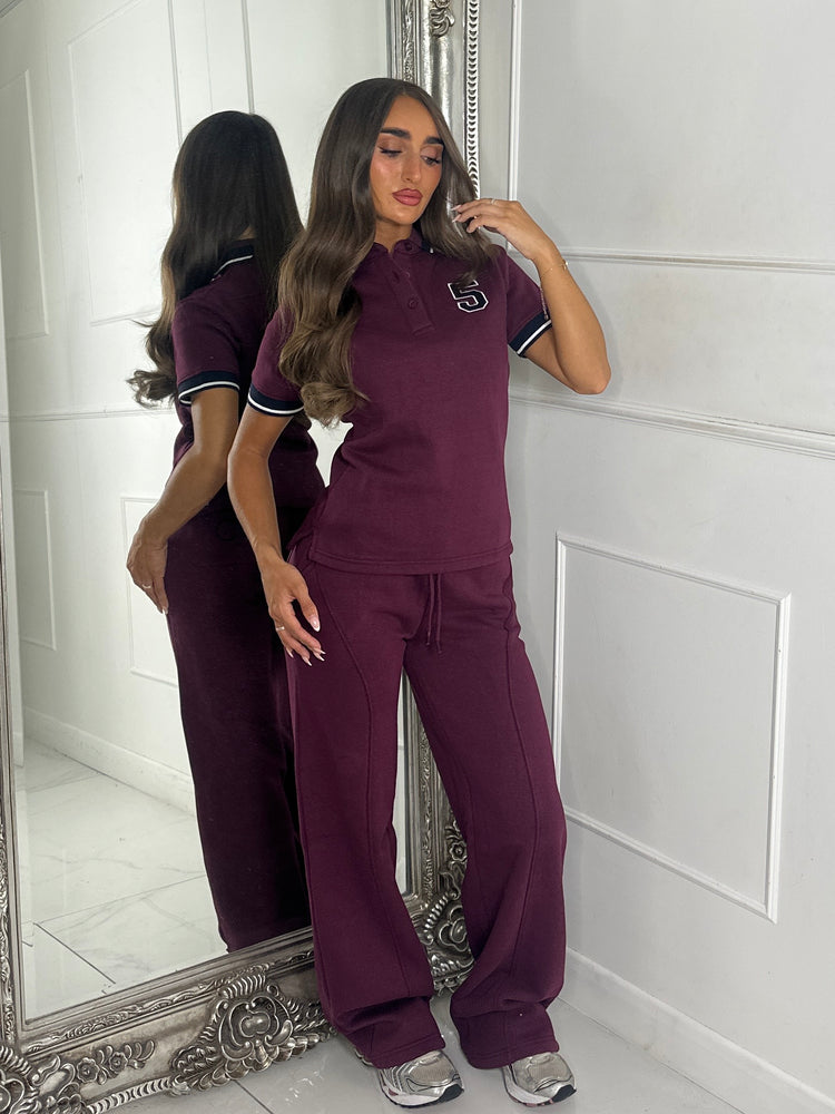 Soft Cotton Varsity Number Detail Matching Shirt & Straight Leg Joggers Set - Wine