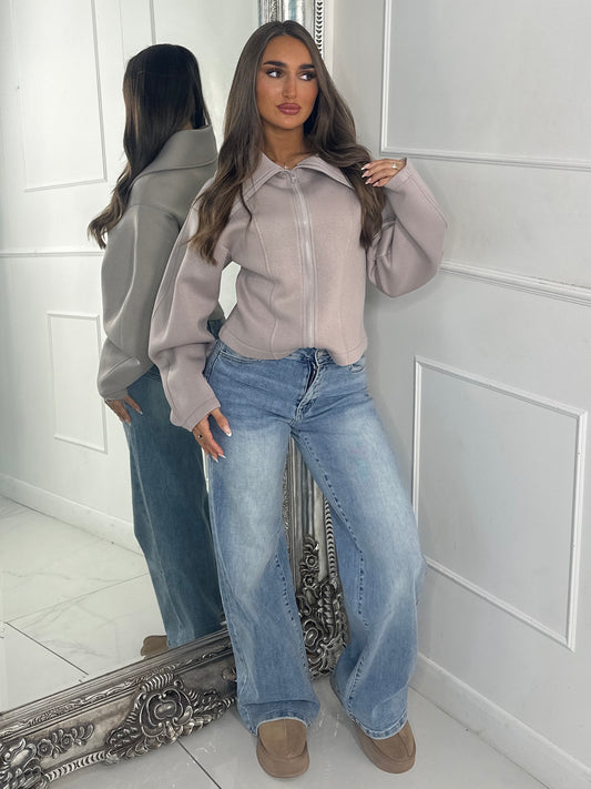 Zip Up Oversized Collar Jacket - Dove Grey