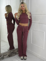 Striped Long Sleeve Top & Wide Leg Pants Co-Ord - Wine/White