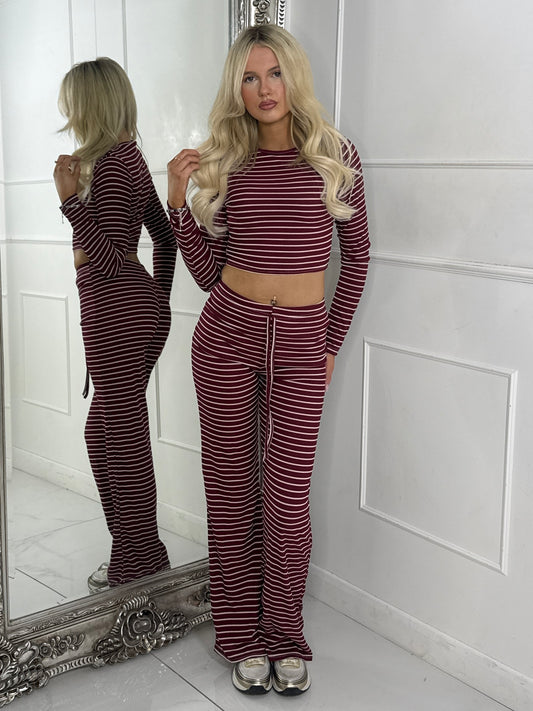 Striped Long Sleeve Top & Wide Leg Pants Co-Ord - Wine/White