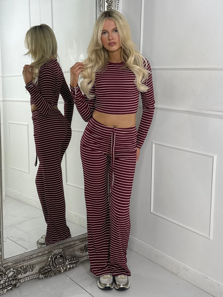 Striped Long Sleeve Top & Wide Leg Pants Co-Ord - Wine/White