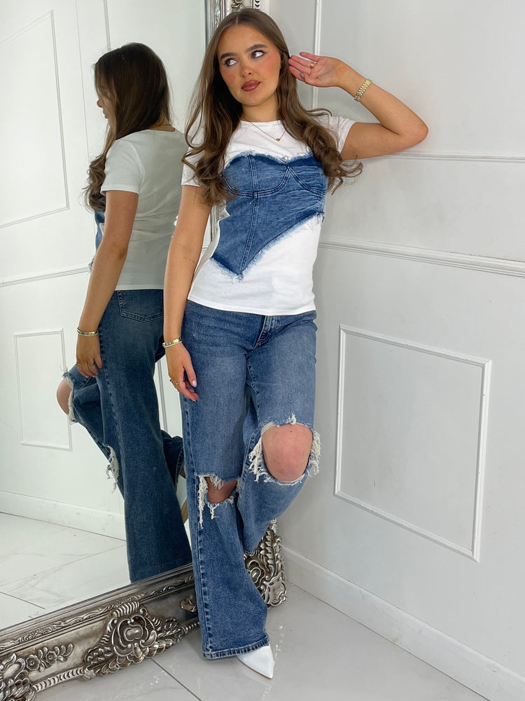 Blue Denim Corset Contrast Tshirt - White