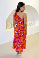 Pink And Orange Floral One Shoulder Frill Detail Top