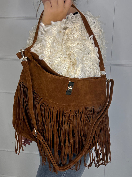 Large Suede Full Tassel Gold Lock Detail Shoulder Bag - Tan