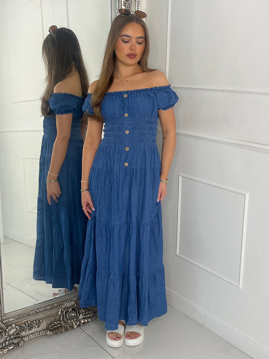Button Detail Denim Maxi Dress - Blue