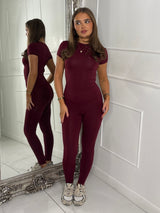 Round Neck Short Sleeve Second Skin Top & Sculpt Panel Leggings - Wine