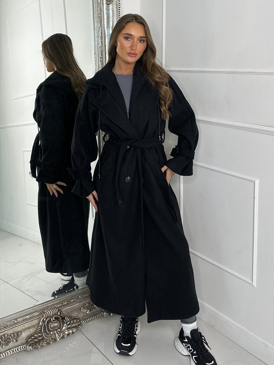 Longline Trench Coat With Attached Hood - Black