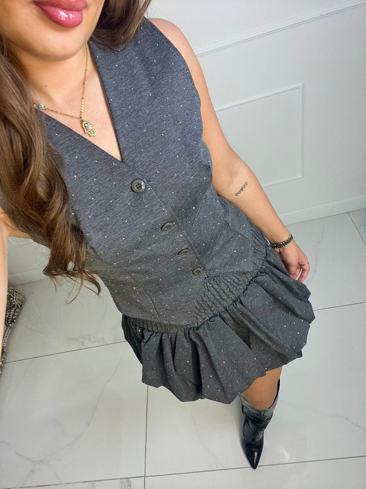 Diamante Waistcoat & Puffball Skirt Co-ord - Grey