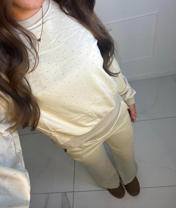 Diamante Studded Straight Leg Tracksuit - Cream