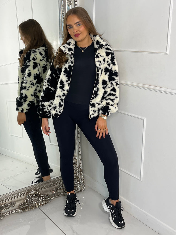 Smudge Print Zip Up Fleece Teddy Jacket - Black/White
