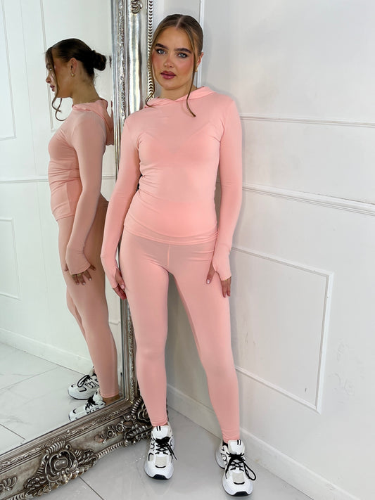 Long Sleeve Second Skin Hooded Top and Leggings Co-Ord - Baby Pink