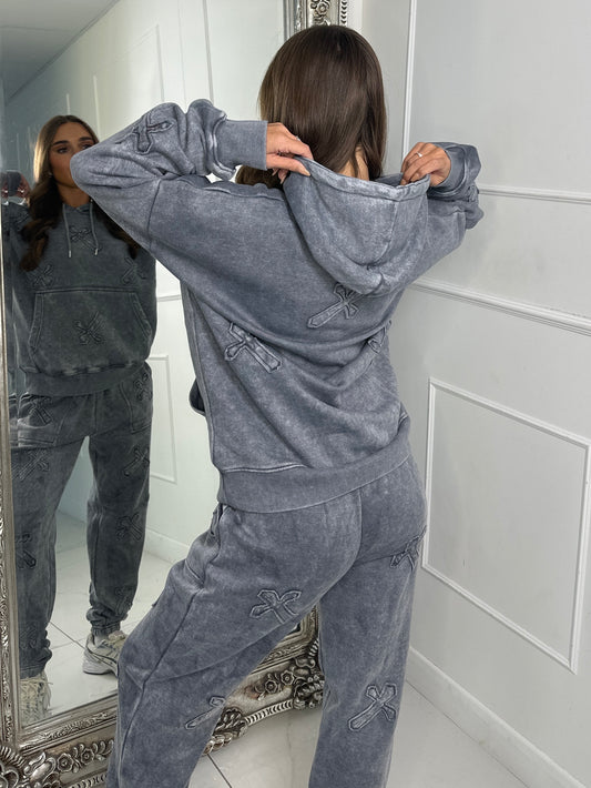 Embroidered Cross Hoodie & Joggers Set -Acid Charcoal