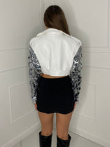 Disc Detail Cropped Leather Jacket - White/silver