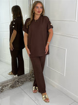 Gold Button Detail Oversized Top & Wide Leg Pants Co-Ord - Brown