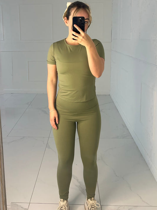 Training Top & Sculpt Energy Leggings Gym Set - Khaki