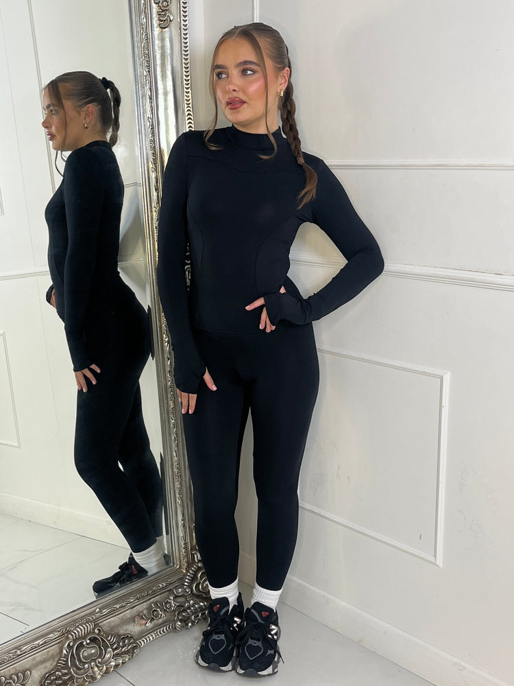 Long Sleeve Second Skin Panel Detail Yoga Top and Leggings Co-Ord - Black