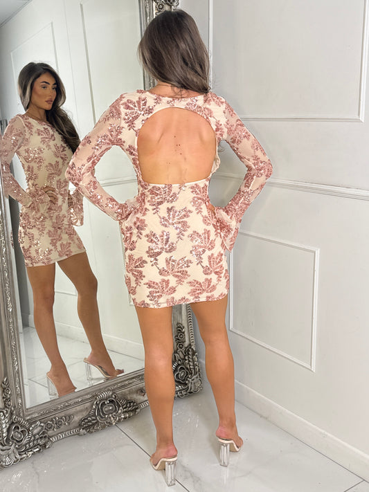Long Sleeve Backless Sequin Detail Mini Dress - Beige