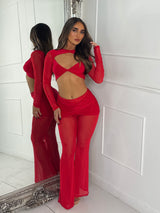 Cross Over Detail Mesh Contrast Top & Pants Co-Ord - Red