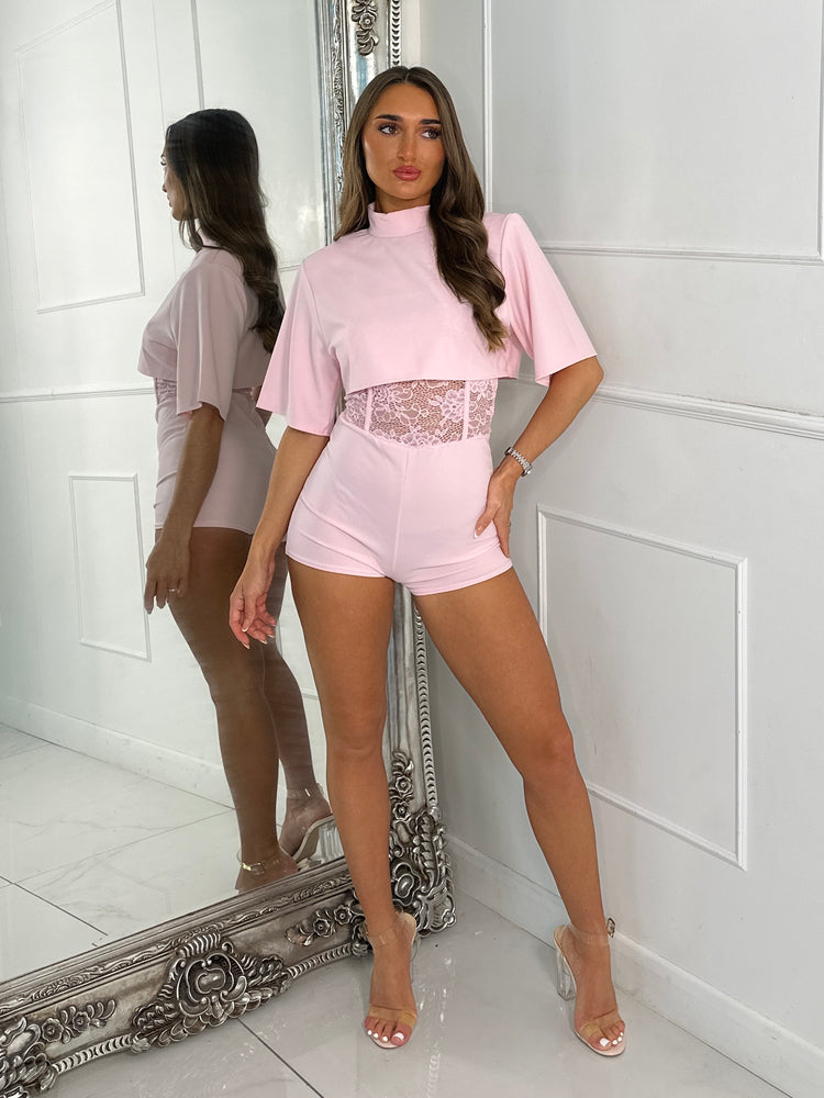 Padded Shoulder Overlay Lace Playsuit - Baby Pink