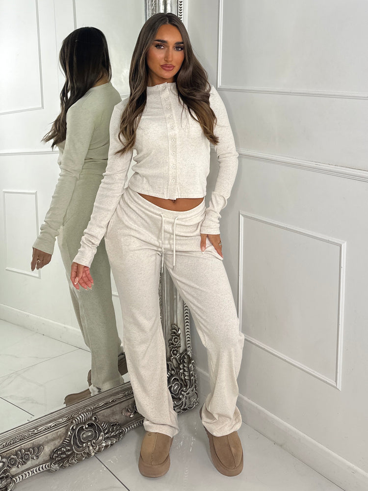 Ribbed Long Sleeve Button Up Top & Pants Co-Ord - Oatmeal