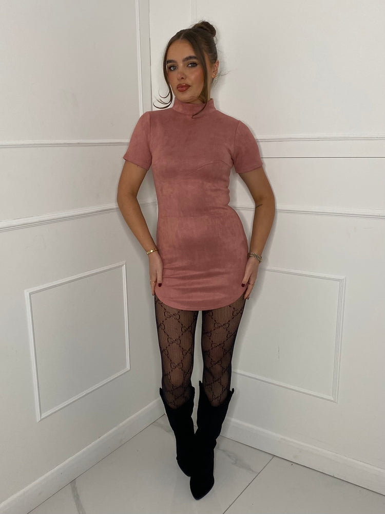 Suede High Neck Dress - Dusty Pink