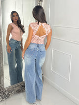 Sleeveless Mesh V Lace Bodysuit - Baby Pink